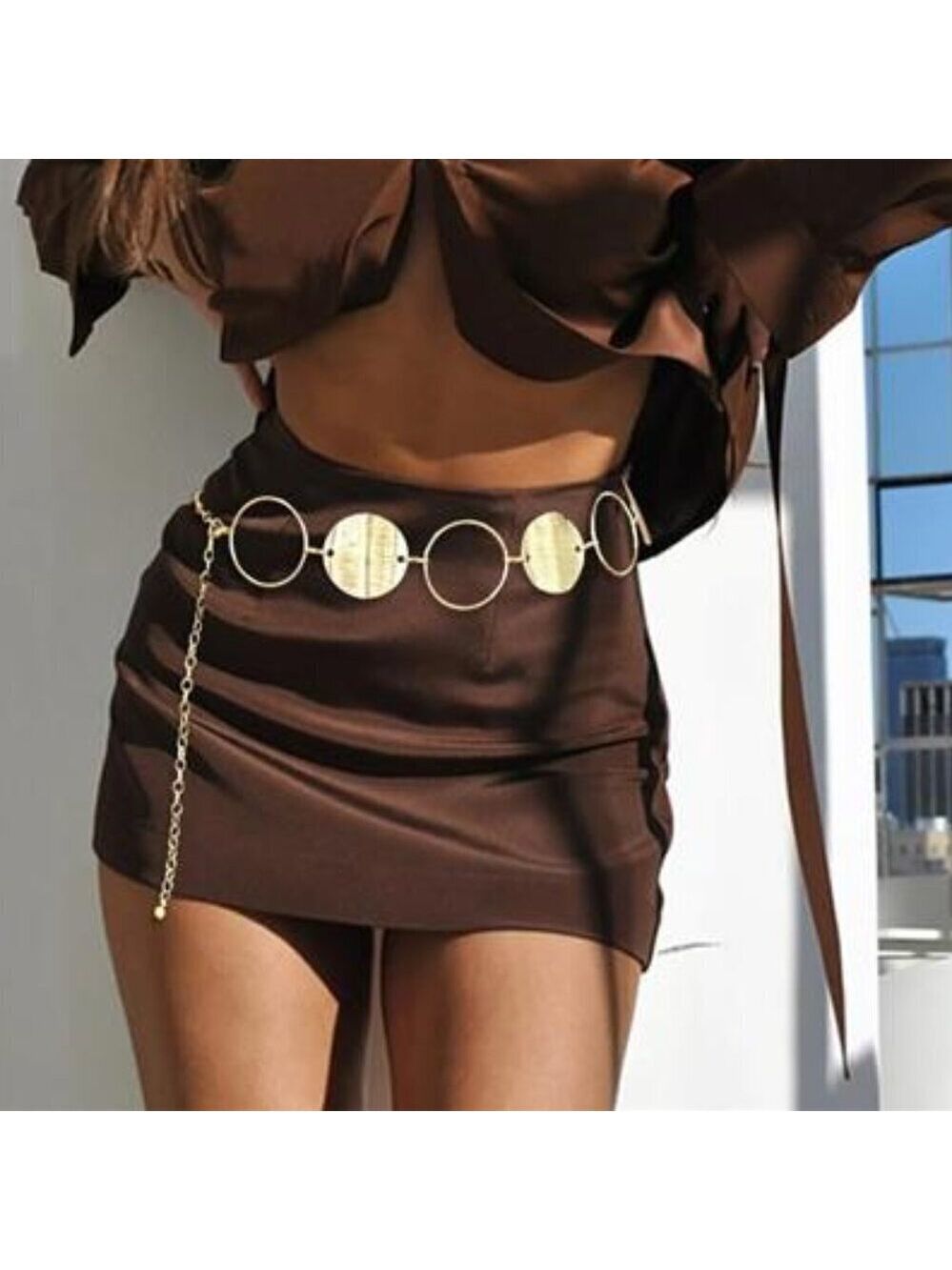 Gold Circle Chain Belt Women Curved Disc Waist Chain Adjustable 45 Inch